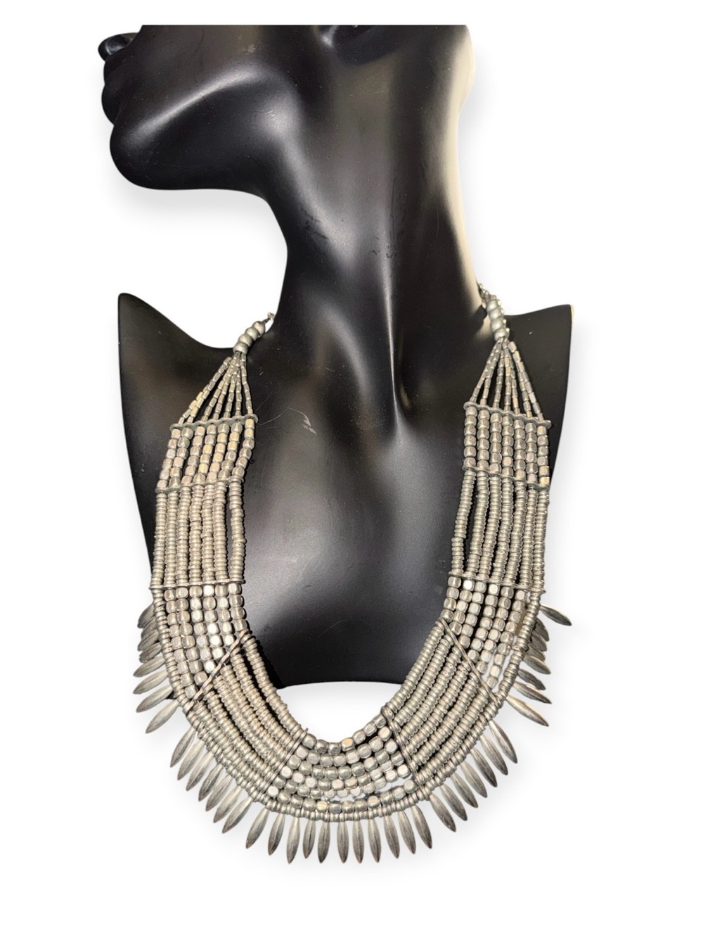 Statement Multi-Strand Beaded Necklace in Silver